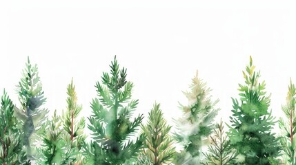 Hand Drawn Illustration of a Coniferous Forest Border with Watercolor Effect and White Background Generative AI