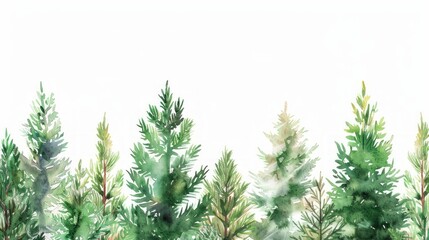 Fototapeta premium Hand Drawn Illustration of a Coniferous Forest Border with Watercolor Effect and White Background Generative AI