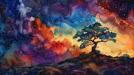 Fototapeta na wymiar Space Tree in Watercolor Generative AI