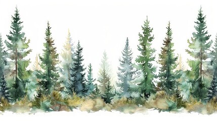 Hand Drawn Illustration of a Coniferous Forest Border with Watercolor Effect and White Background Generative AI