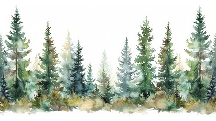 Fototapeta premium Hand Drawn Illustration of a Coniferous Forest Border with Watercolor Effect and White Background Generative AI