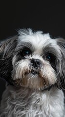 Naklejka na ściany i meble a Shih Tzu dog close-up portrait looking direct in camera with low-light, black backdrop. Portrait of a black and white Shih Tzu against a dark backdrop