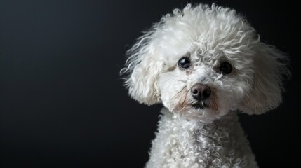 a white Poodle close-up portrait looking direct in camera with low-light, black backdrop 