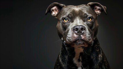 an aggressive growling Pit Bull close-up portrait looking direct in camera with low-light, black backdrop - obrazy, fototapety, plakaty