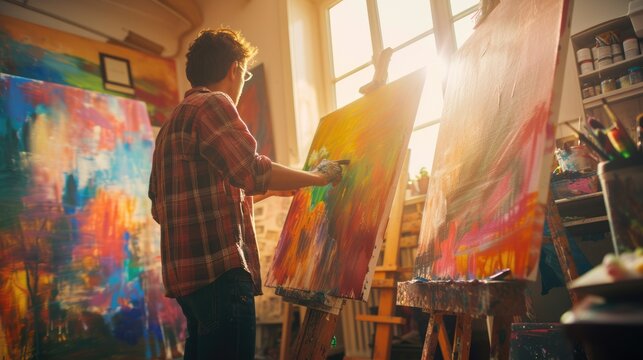 An artist painting in a sunlit studio, canvas filled with vibrant colors, capturing the creative process. Resplendent.