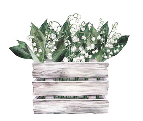 Cute illustration box made of white gray with spring lilies of the valley. Watercolor wooden boards with a wood texture and white flowers. Hand drawn illustration isolated on white background.