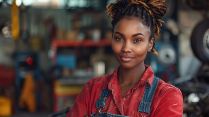 Confident female automotive technician with a welcoming smile in a workshop, representing diversity in the industry.