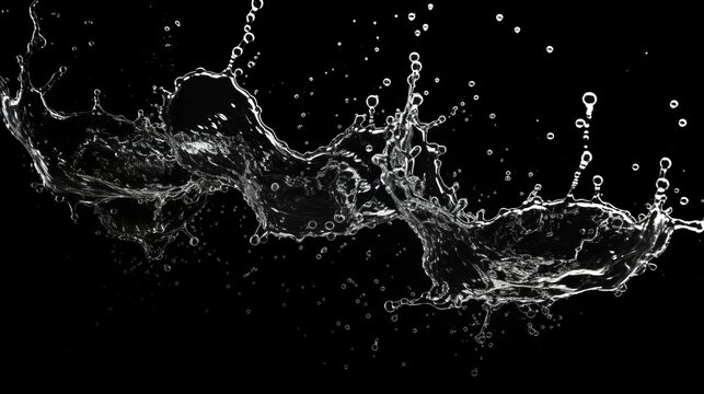 Abstract water splashes contrast vividly against a black background.