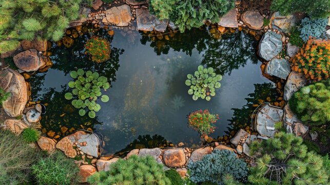 An aerial view of a serene garden pond surrounded by lush greenery and dotted with lily pads