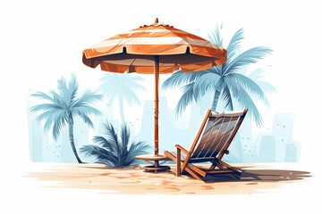 Summer holiday vacation and pile of sand hat and coconut tree with umbrella beach background on the travel accessories 3D illustration