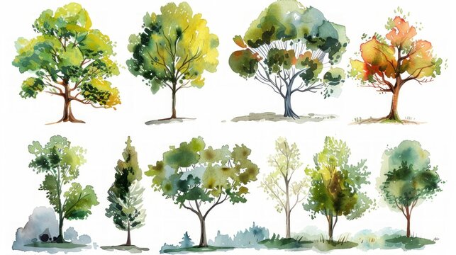 Hand-Drawn Watercolor Tree Illustrations Generative AI