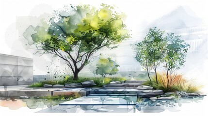 Watercolor Illustration of Architectural Tree for Landscape Design Generative AI