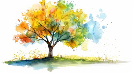 Isolated Watercolor Tree on White Background Generative AI