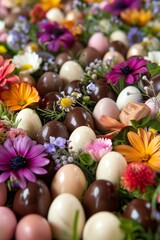 Obraz na płótnie Canvas A Colorful Array of Easter Egg Shaped Chocolates Nestled Amongst Spring Flowers, Bringing Joy and Sweetness to the Festive Season