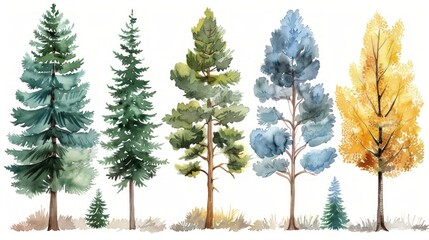 Fototapeta premium Lush Green Pine and Blue Spruce Forest Trees Illustration on White Generative AI