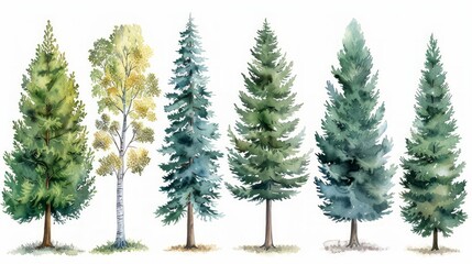 Lush Green Pine and Blue Spruce Forest Trees Illustration on White Generative AI