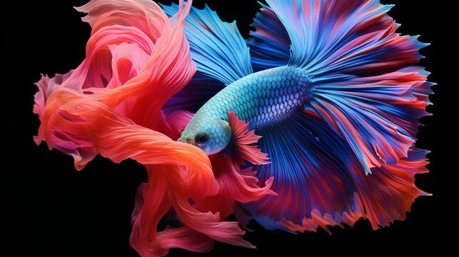 An abstract close-up photo showcases the colorful texture of the tail and fin of a betta fish, also known as a Siamese fighting fish.
