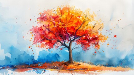 Watercolor Autumn Tree in Vibrant Colors Generative AI