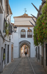 Fototapeta na wymiar Antigua puerta de Jerez y calle peatonal adoquinada en la hermosa villa de Zafra, España