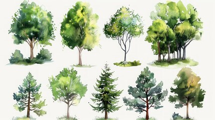 Fototapeta premium Watercolor Cliparts Featuring Assorted Trees Generative AI