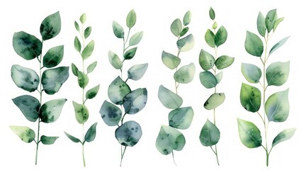 Green Eucalyptus Leaf Branches - Watercolor Floral Illustration Set Generative AI
