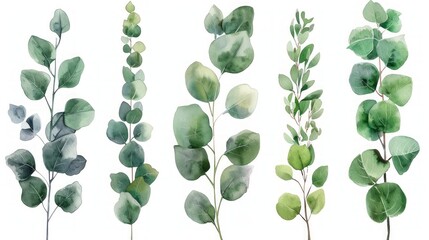 Green Eucalyptus Leaf Branches - Watercolor Floral Illustration Set Generative AI