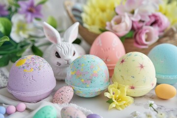 Obraz na płótnie Canvas Easter Extravaganza: A Colorful Array of Easter-Themed Bath Bombs and Beauty Products Perfect for Springtime Pampering