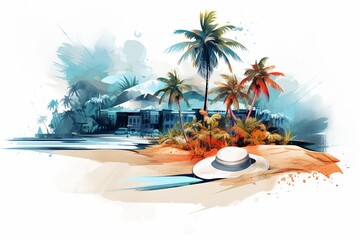 Summer holiday vacation and hat, coconut tree, umbrella beach with isometric background on the travel accessories 3D illustration