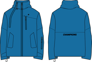 Long sleeve soft Shell tech jacket design flat sketch Illustration, jacket with Zipper front and back view, Anorak winter jacket for Men and women. for training, Running and workout in winter. © JERZEY DESINZ
