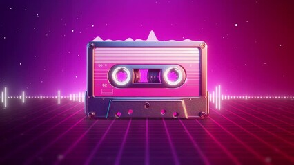 Vizual of a retro-style audio cassette player in a 3D vintage background with audio waves and an equalizer