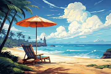 Summer holiday vacation and hat, coconut tree, umbrella beach watercolor illustration background - obrazy, fototapety, plakaty