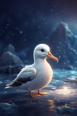 Magical albatross, cute white albatross in the dark on an ice floe with snowy glow
