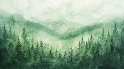 Watercolor Illustration of Lush Green Pine Forest in Foggy Misty Mountain Landscape Generative AI
