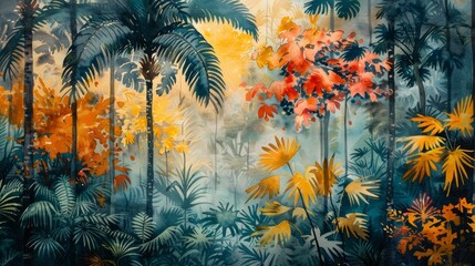 Tropical Paradise: Watercolor Painting of Lush Green Trees and Leaves Generative AI