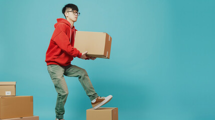 funny сasual asian guy wears fashion clothes red hoodie, green jeans, brown sneakers, carries heavy cardboard boxes in hands, steps over parcel with foot. - Powered by Adobe