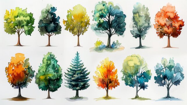 Stylized Tree Collection Watercolor Painting Generative AI