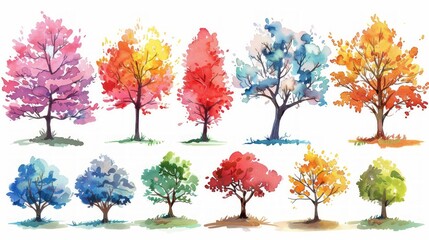 Watercolor Style Illustration of Summer or Spring Tree Collection Generative AI