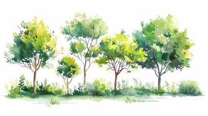 Fototapeta premium Hand-Drawn Summer Landscape with Lush Green Plants and Trees Generative AI