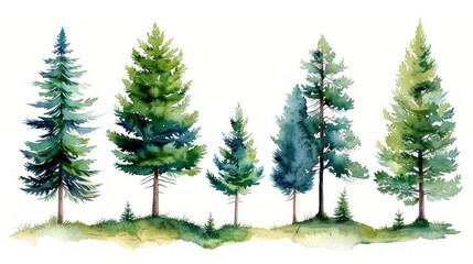 Watercolor Scene with Green Pine and Blue Spruce Trees on Hillside Island Meadow Generative AI
