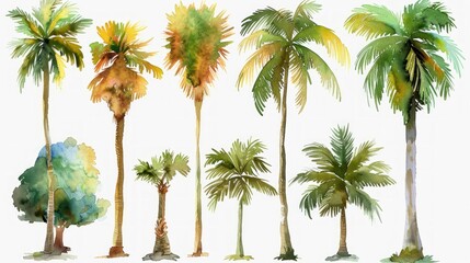 Hand Drawn Tropical Tree Set with Palm Tree Paintings Generative AI