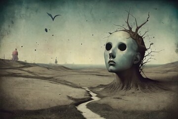 Surreal landscape in gloomy colors and grunge paper texture.