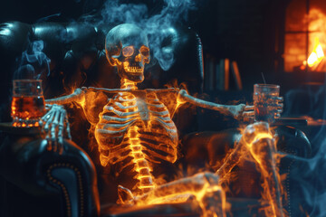 A mystical human skeleton in the rays of colored light sits in a chair, drinks whiskey and smokes. Bad habits concept. - obrazy, fototapety, plakaty