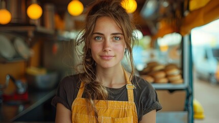 Obraz premium Woman Running a Successful Fast Food Truck Business Generative AI