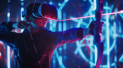 Man Experiencing Virtual Reality Archery Simulation