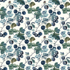 Blueberries and Leaves Pattern on White Background