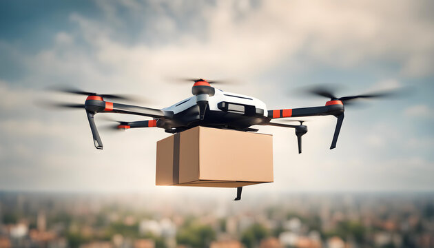 Drone delivery delivering post package, Technological shipment innovation drone fast delivery concept, and safe delivery. Drone flying through the air with a delivery box package