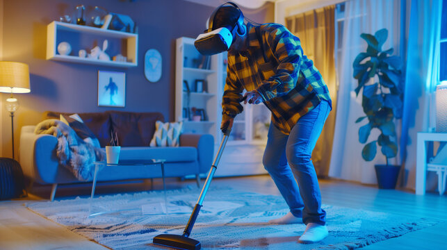 Person in VR Headset Playing Virtual Golf in Living Room - Powered by Adobe