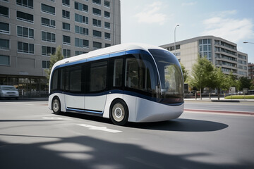 Self driving bus. Autonomous bus driving in city. Future Electric passenger buse. Self-driving passenger electric bus. Public electric E-bus. Driverless bus line with 5g autonomous driving buses.