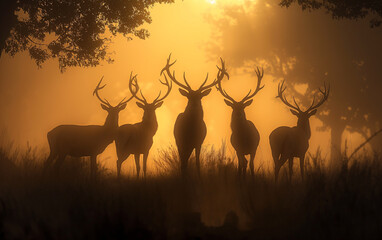 Fototapeta na wymiar Deer silhouettes in the mist. Generative AI