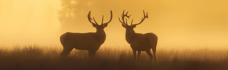 Deer silhouettes in the mist.Panorama view.  Generative AI